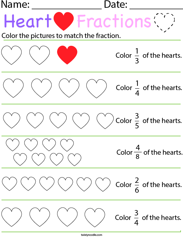 Heart Fractions Math Worksheet - Twisty Noodle